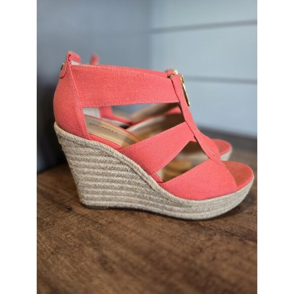 Michael Kors Damita Wedge 6.5 Pink/Grapefruit Canvas Platform Sandals Open Toe - Picture 4 of 8